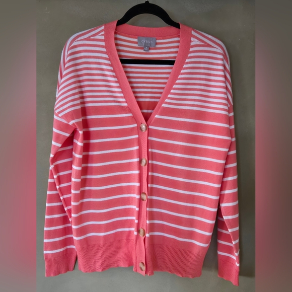 NWOT!! Cyrus | Chic Coral Striped Cardigan, Size M - Picture 2 of 7